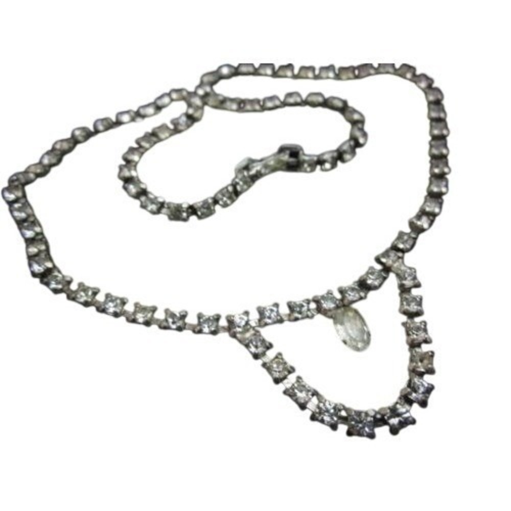 Vintage Silver Toned Clear Prong Set Smoky‎ Rhinestone Choker Necklace 14-3/4"